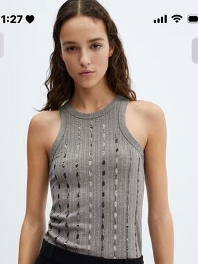 Mango Gray Ribbed Sequin-Trim Tank